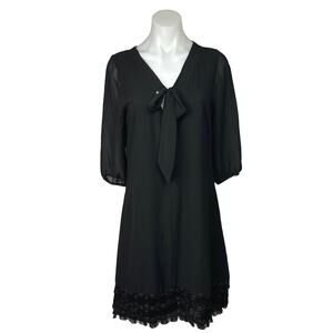 Want And Need Black Lace Hem V-neck Bow Tie 3/4 Sleeve Midi Sheath Dress Size XS